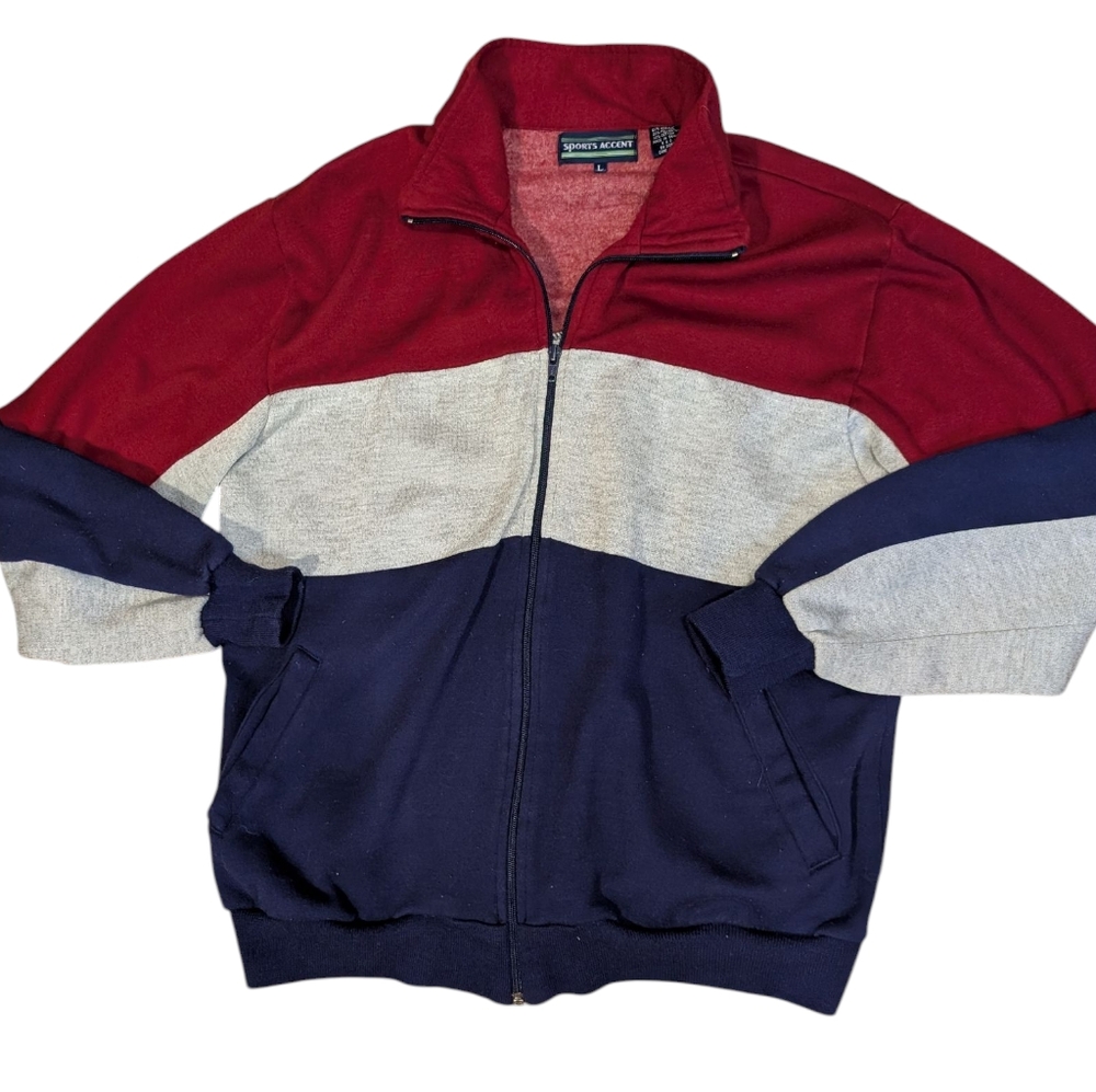 90s Vintage Men's Color Block Striped Zip Up Sweatshirt Size Large